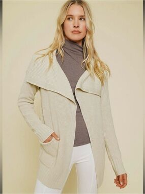 Mystree Cream Open-Front Ribbed Cardigan Sweater